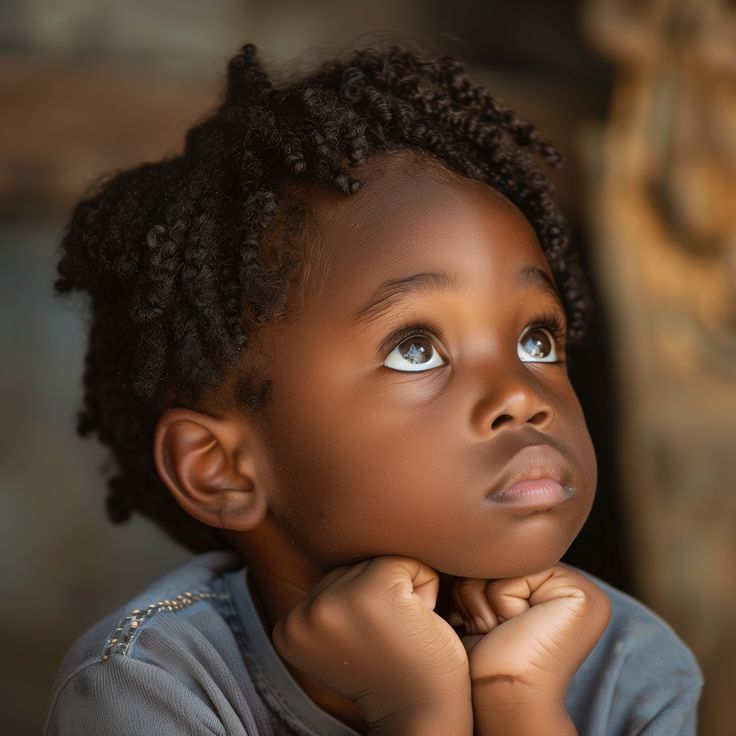 A young Ghanaian child resting their chin on cupped hands, looking upward in quiet hope