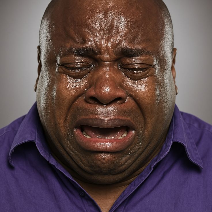 A Ghanaian adult openly weeping, eyes shut